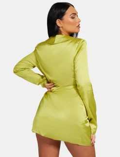 Public Desire Tie Waist Satin Blazer Dress Lime Cheap