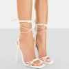 Public Desire Twistin Pu Square Toe Strappy Lace Up Stiletto Heels Ecru Online