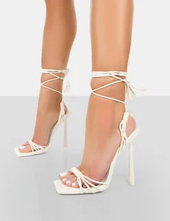 Public Desire Twistin Pu Square Toe Strappy Lace Up Stiletto Heels Ecru Online