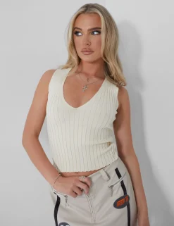 Public Desire V Front Knitted Top Beige Cheap