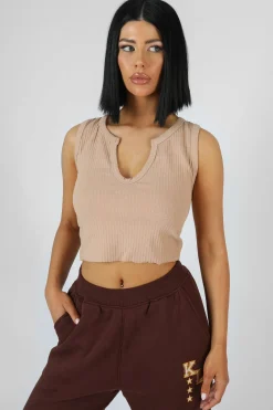 Public Desire V Neck Sleeveless Ribbed Crop Top Camel Flash Sale