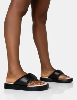Public Desire Vacay Contrast Padded Square Toe Flip Flop Sandals Black Discount