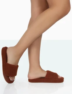 Public Desire Vale Borg Fluffy Slider Slipper Brown New