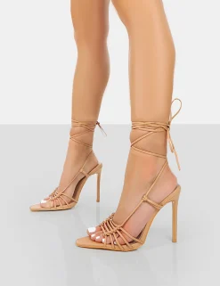 Public Desire Valencia Pu Strappy Lace Up Pointed Toe Stiletto Heels Nude Fashion