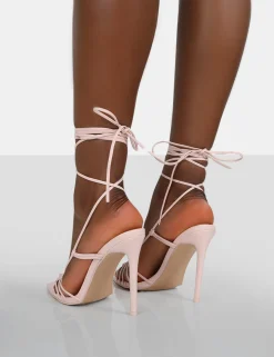 Public Desire Valencia Wide Fit Pu Strappy Lace Up Pointed Toe Stiletto Heels Pink Clearance