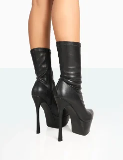 Public Desire Vegas Black Grain Pointed Stiletto Platform Heeled Ankle Boots Best