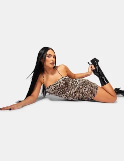 Public Desire Velvet Cowl Front Strappy Mini Dress In Animal Print Clearance