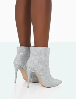 Public Desire Verona Wide Fit Sparkly Diamante Stiletto Ankle Boots Silver Discount