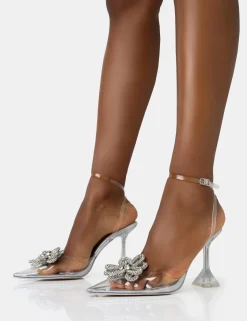 Public Desire Vibez Mirror Metallic Diamante Flower Broach Strappy Perspex Cake Stand Pointed Toe Heels Silver New