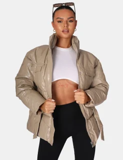 Public Desire Vinyl Belted Puffer Stone Online