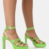 Public Desire Viola Satin Strappy Square Toe Platform Flat Block Heels Lime Flash Sale