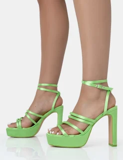 Public Desire Viola Satin Strappy Square Toe Platform Flat Block Heels Lime Flash Sale