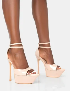 Public Desire Vortex Patent Platform Barely There Pointed Toe Stiletto Heels Nude Hot