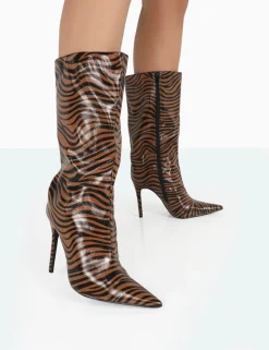 Public Desire Wanda Camel Zebra Pu Pointed Toe Stiletto Knee High Boots Tan Cheap