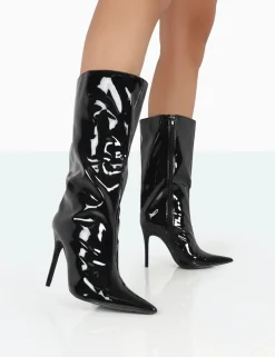 Public Desire Wanda Patent Pu Pointed Toe Stiletto Knee High Boots Black Shop