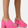 Public Desire Wavez Terry Towelling Round Toe Platform Block Heel Mules Pink Cheap