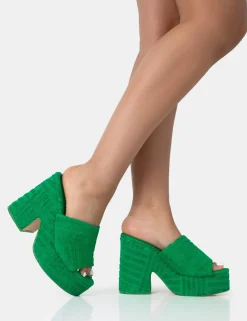 Public Desire Wavez Terry Towelling Round Toe Platform Block Heel Mules Green Best
