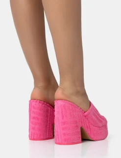 Public Desire Wavez Terry Towelling Round Toe Platform Block Heel Mules Pink Cheap