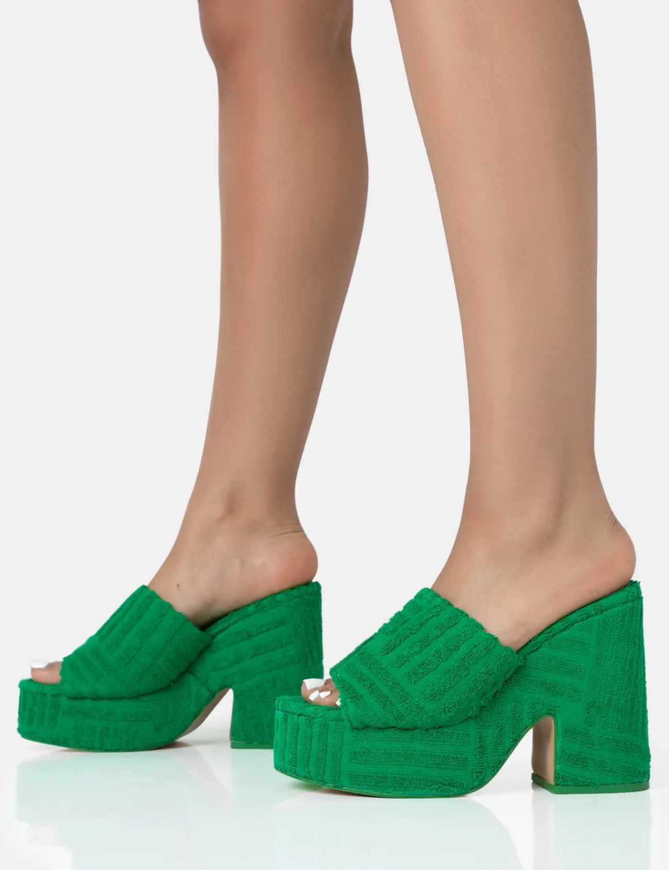 Public Desire Wavez Terry Towelling Round Toe Platform Block Heel Mules Green Best