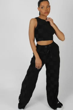 Public Desire Wide Leg Split Hem Checkerboard Towelling Joggers Black Best Sale