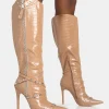 Public Desire Worthy Camel Croc Studded Zip Detail Pointed Toe Stiletto Knee High Boots Caramel Sale