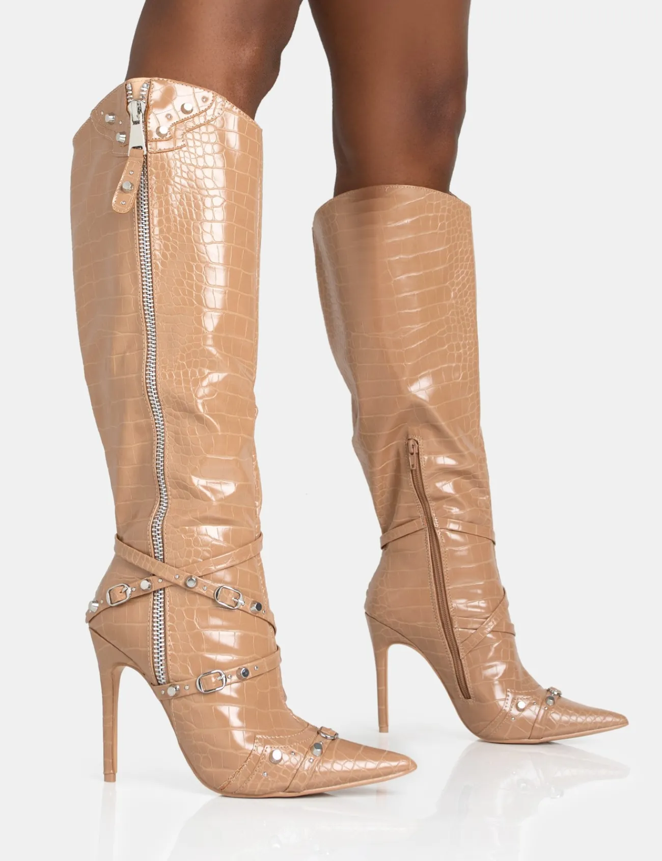 Public Desire Worthy Camel Croc Studded Zip Detail Pointed Toe Stiletto Knee High Boots Caramel Sale