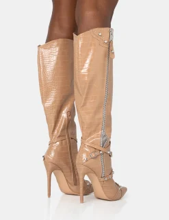 Public Desire Worthy Camel Croc Studded Zip Detail Pointed Toe Stiletto Knee High Boots Caramel Sale