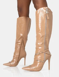 Public Desire Worthy Camel Croc Studded Zip Detail Pointed Toe Stiletto Knee High Boots Caramel Sale