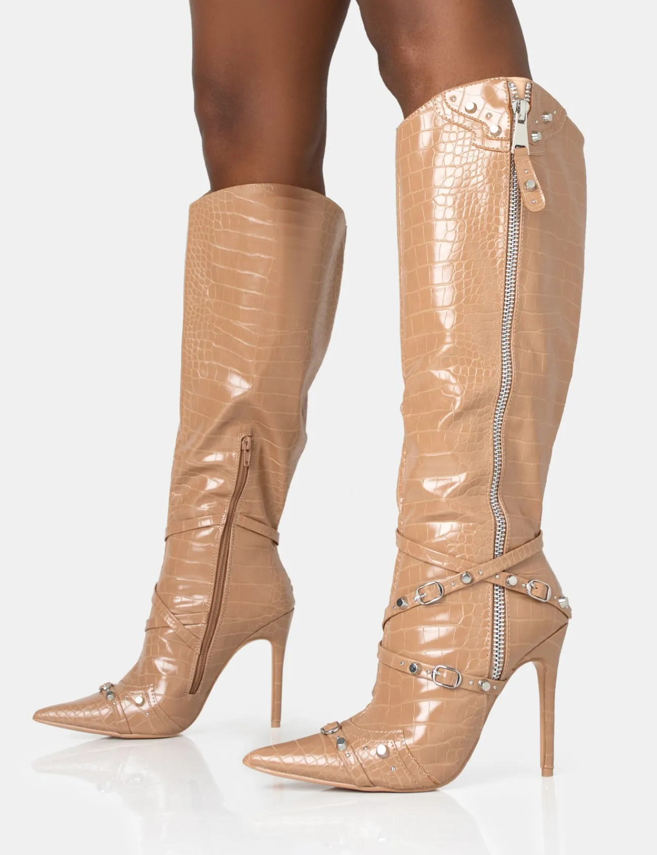 Public Desire Worthy Camel Croc Studded Zip Detail Pointed Toe Stiletto Knee High Boots Caramel Sale