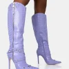 Public Desire Worthy Croc Studded Zip Detail Pointed Toe Stiletto Knee High Boots Lilac Outlet