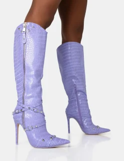 Public Desire Worthy Croc Studded Zip Detail Pointed Toe Stiletto Knee High Boots Lilac Outlet