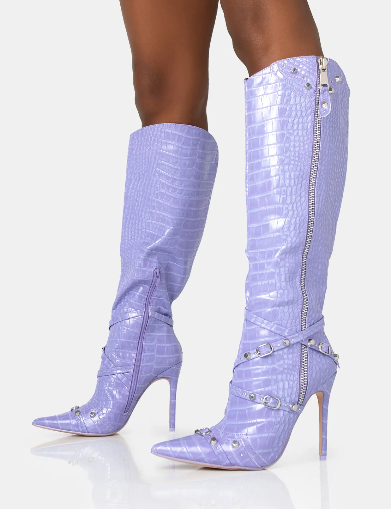 Public Desire Worthy Croc Studded Zip Detail Pointed Toe Stiletto Knee High Boots Lilac Outlet