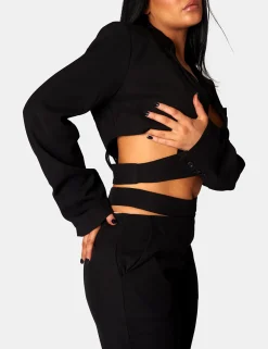 Public Desire Wrap Front Cropped Blazer Black New