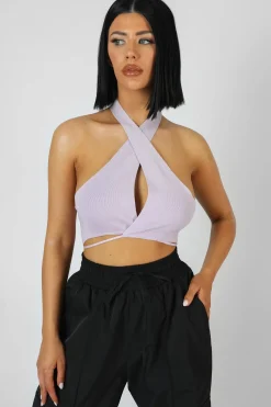 Public Desire Wrap Front Halter Crop Top Lilac Discount