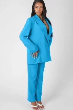 Public Desire Wrap Waistband Straight Leg Trouser Blue Flash Sale