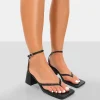 Public Desire Zahra Pu Toe Thong Mid Block Heeled Sandals Black Hot