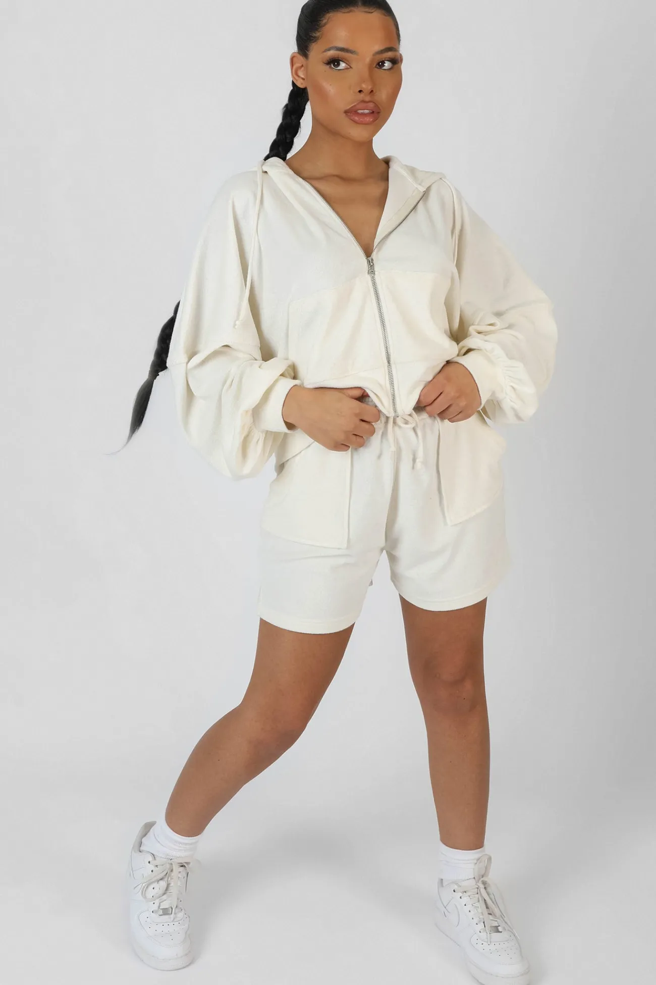 Public Desire Zip Through Towelling Hoodie Ecru Flash Sale