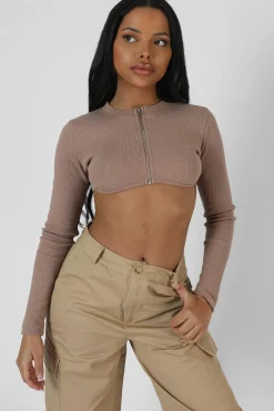 Public Desire Zip Through Underbust Ribbed Top Sand Cheap