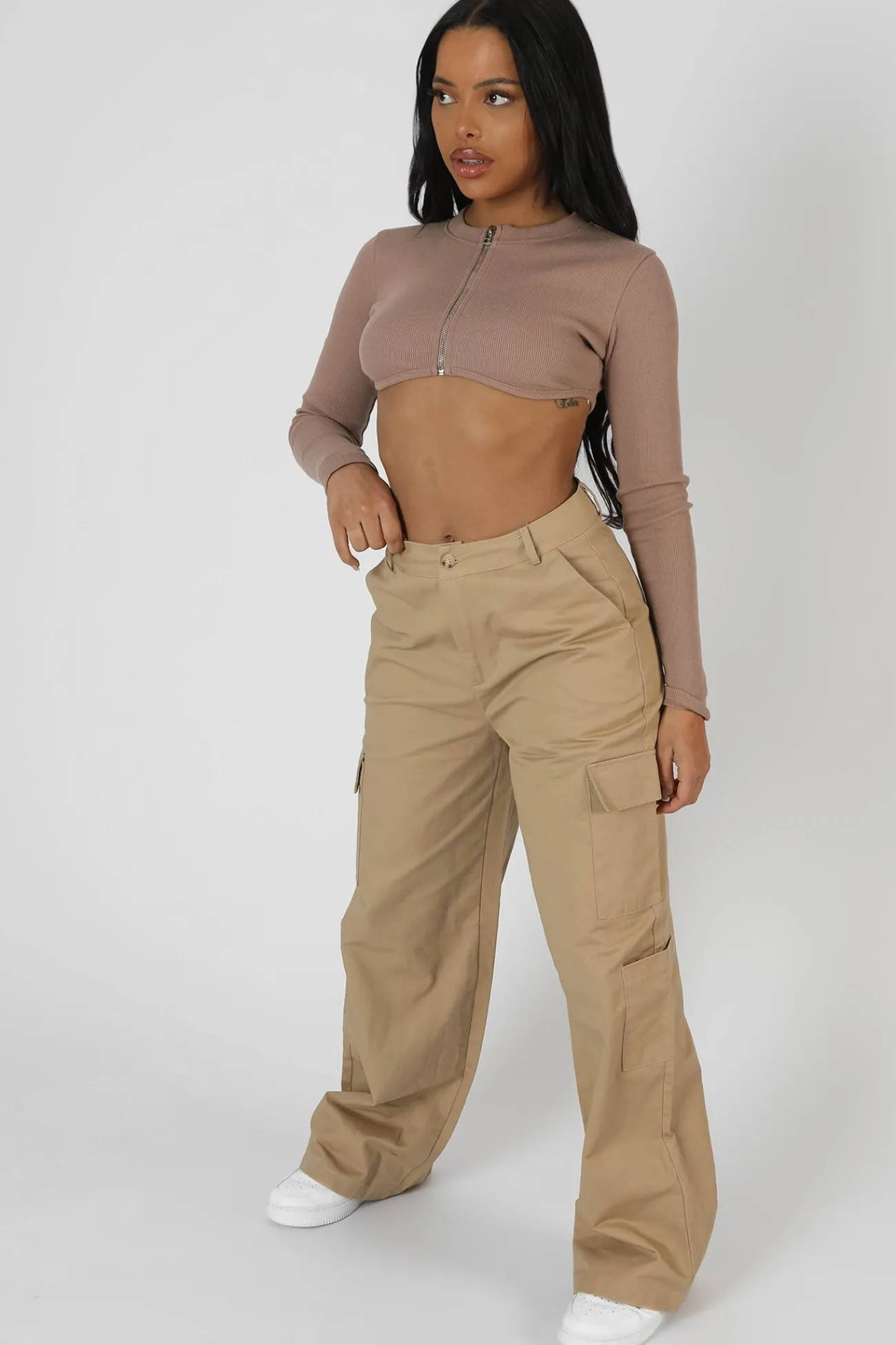 Public Desire Zip Through Underbust Ribbed Top Sand Cheap