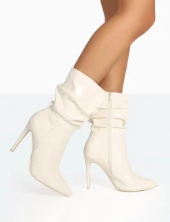 Public Desire Zurich Patent Croc Stiletto Ankle Pointed Heeled Boots Ecru Discount