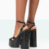 Public Desire Zurra Metallic Pu Open Toe Platform Block Heels Black New